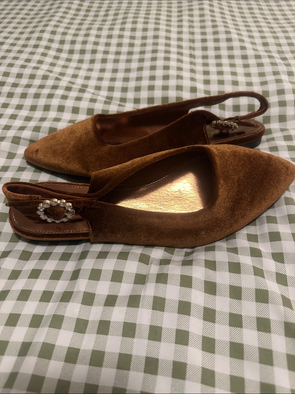 Women's Velvet Slingback Flats in Brown with Rhinestone Accent